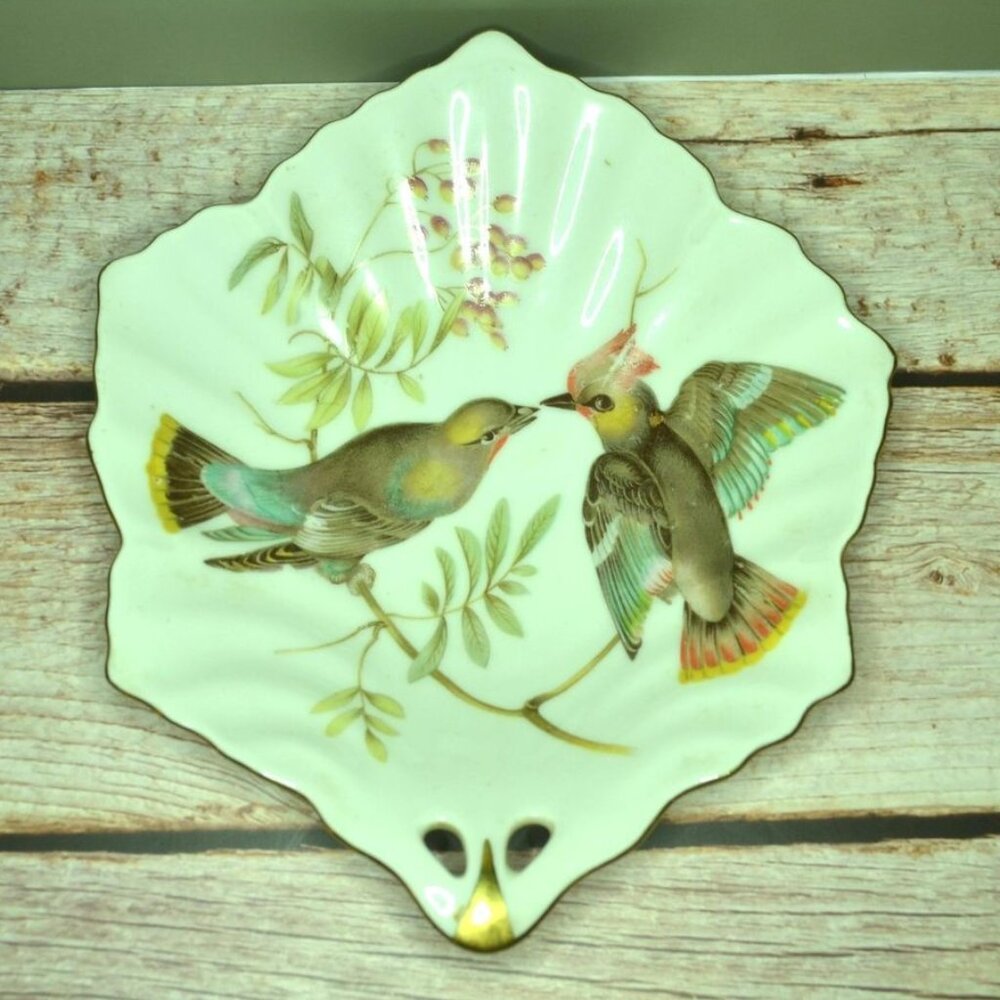 Vintage Mitterteich Bavaria Ceramic Dish Branches Birds Gold-Tone Edging Decor